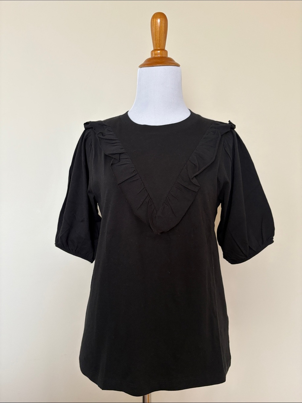 J. Crew Cotton Black Ruffle V-Paneled Puff Sleeve Tee